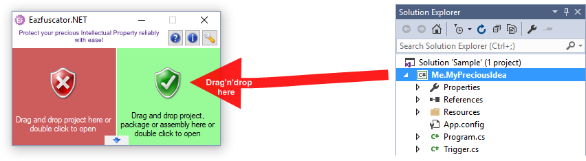 Drag and drop a Visual Studio project into the green zone of Eazfuscator.NET